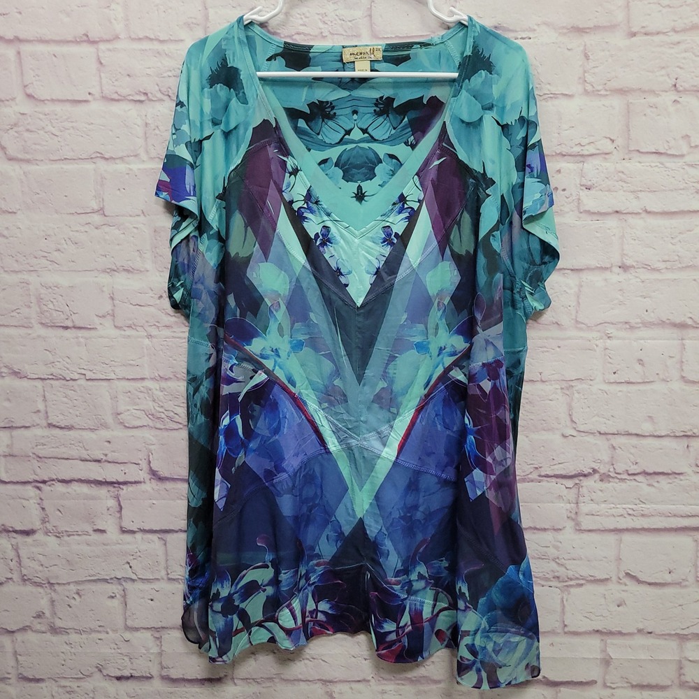 OneWorld Blue Purple Floral Geometric Blouse 2X Sheer Overlay Boho Whimsigoth